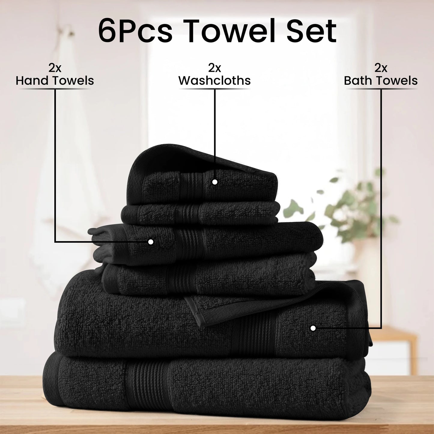 6pc Bath Towel Set – 100% Cotton, Ultra-Soft & Absorbent