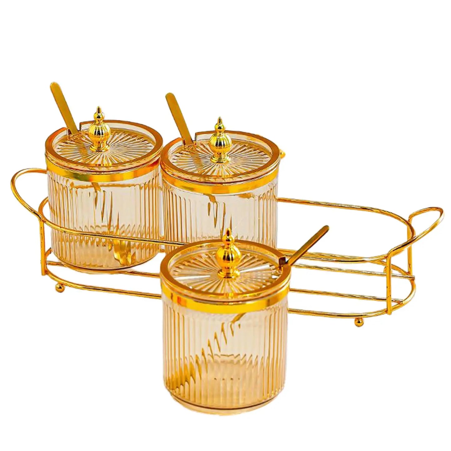 3pk Golden Stainless Steel Condiment Jar with Glass Lid and Spoon
