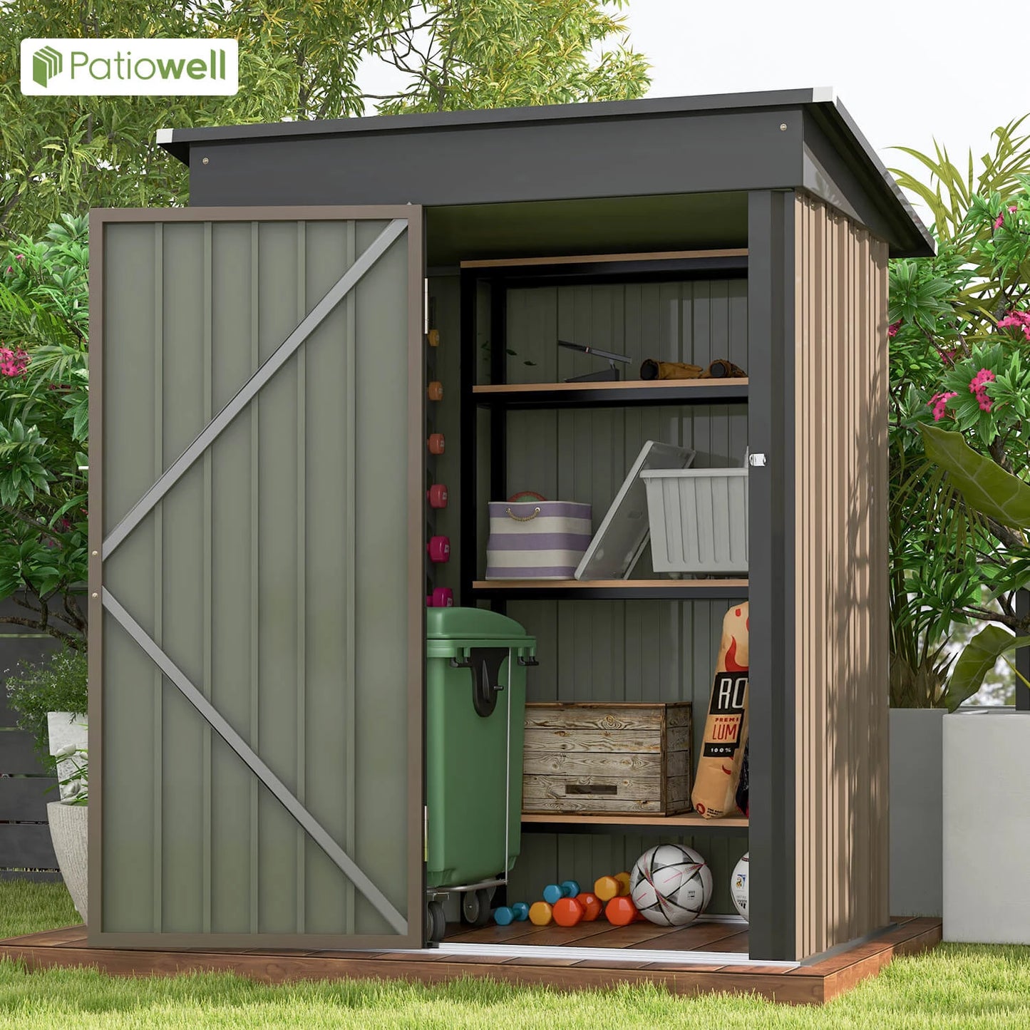 5x3ft Outdoor Storage Shed w/Sloping Roof and Lockable Door