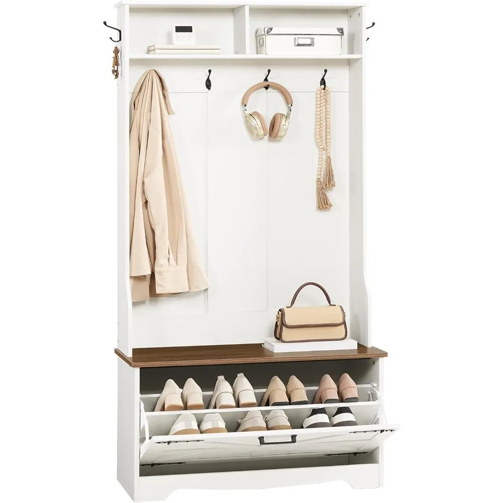 Farmhouse Hall Tree with Coat Rack and Shoe Cabinet,