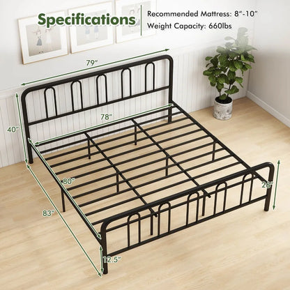 Stylish King Size Metal Platform Bed Frame, w/ Headboard & Footboard