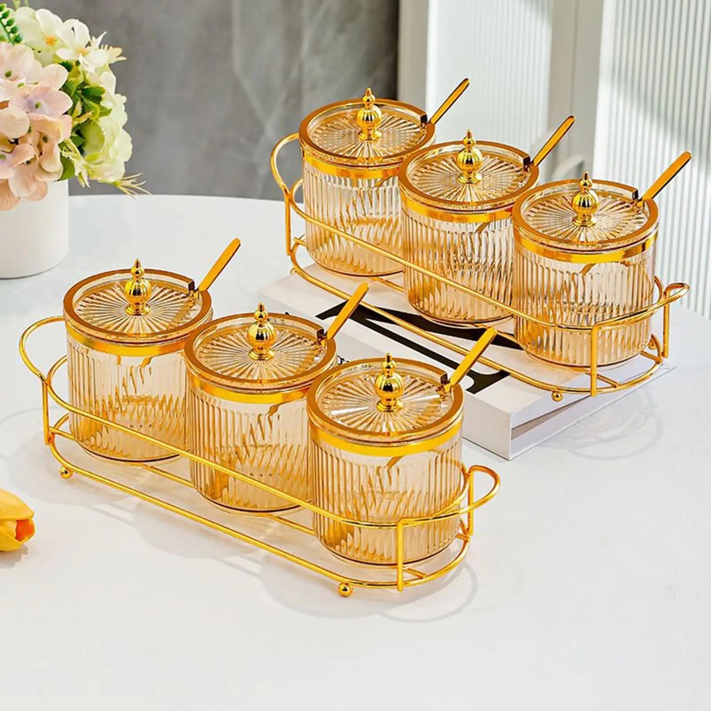 3pk Golden Stainless Steel Condiment Jar with Glass Lid and Spoon