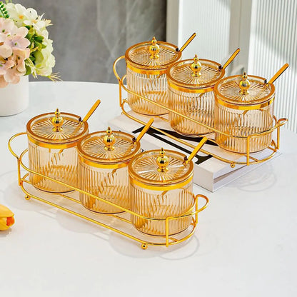 3pk Golden Stainless Steel Condiment Jar with Glass Lid and Spoon