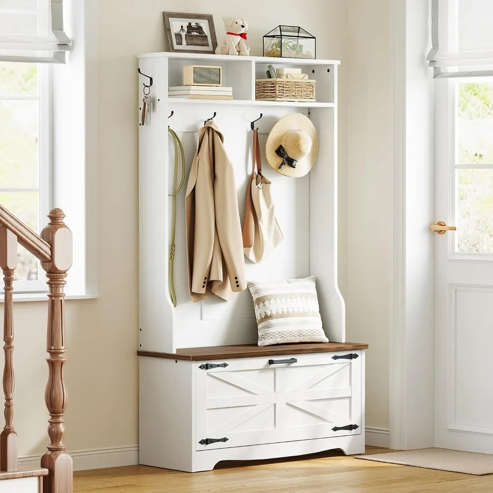 Farmhouse Hall Tree with Coat Rack and Shoe Cabinet,
