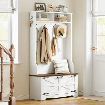 Farmhouse Hall Tree with Coat Rack and Shoe Cabinet,