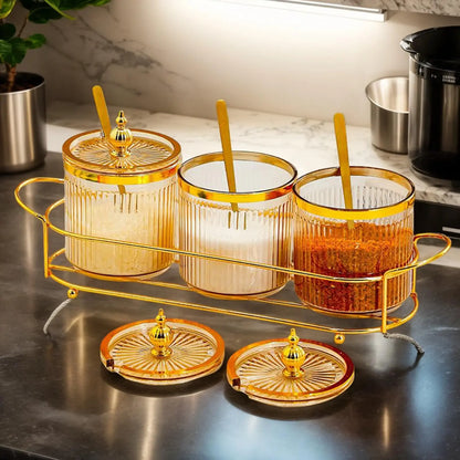 3pk Golden Stainless Steel Condiment Jar with Glass Lid and Spoon