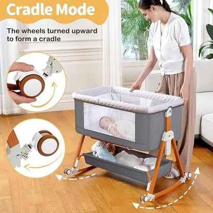 3:1 Portable Bedside Bassinet, Foldable Crib, 6 Adjustable Height with Wheels