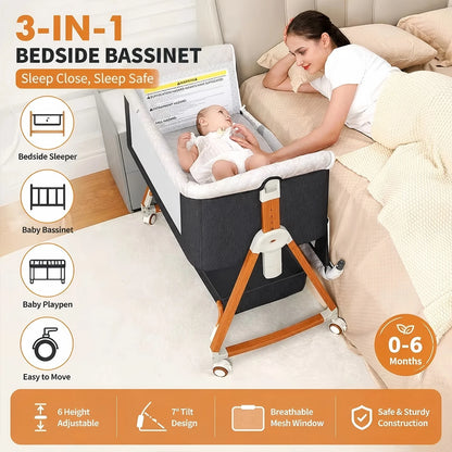 3:1 Portable Bedside Bassinet, Foldable Crib, 6 Adjustable Height with Wheels