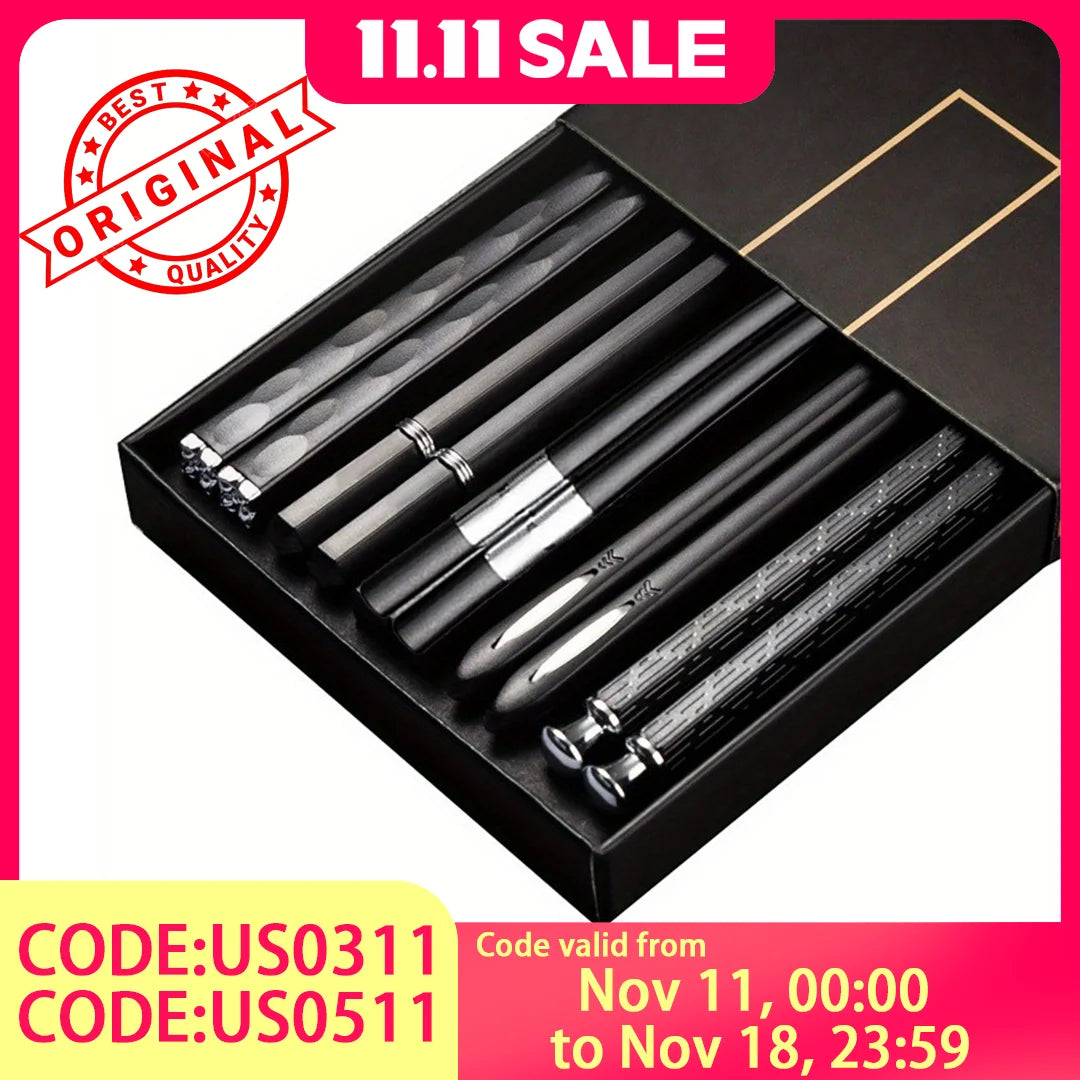 10-Pack Black Asian Alloy Chopsticks, Appetizer and Sushi