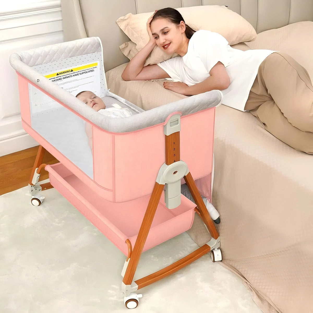 3:1 Portable Bedside Bassinet, Foldable Crib, 6 Adjustable Height with Wheels