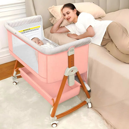 3:1 Portable Bedside Bassinet, Foldable Crib, 6 Adjustable Height with Wheels