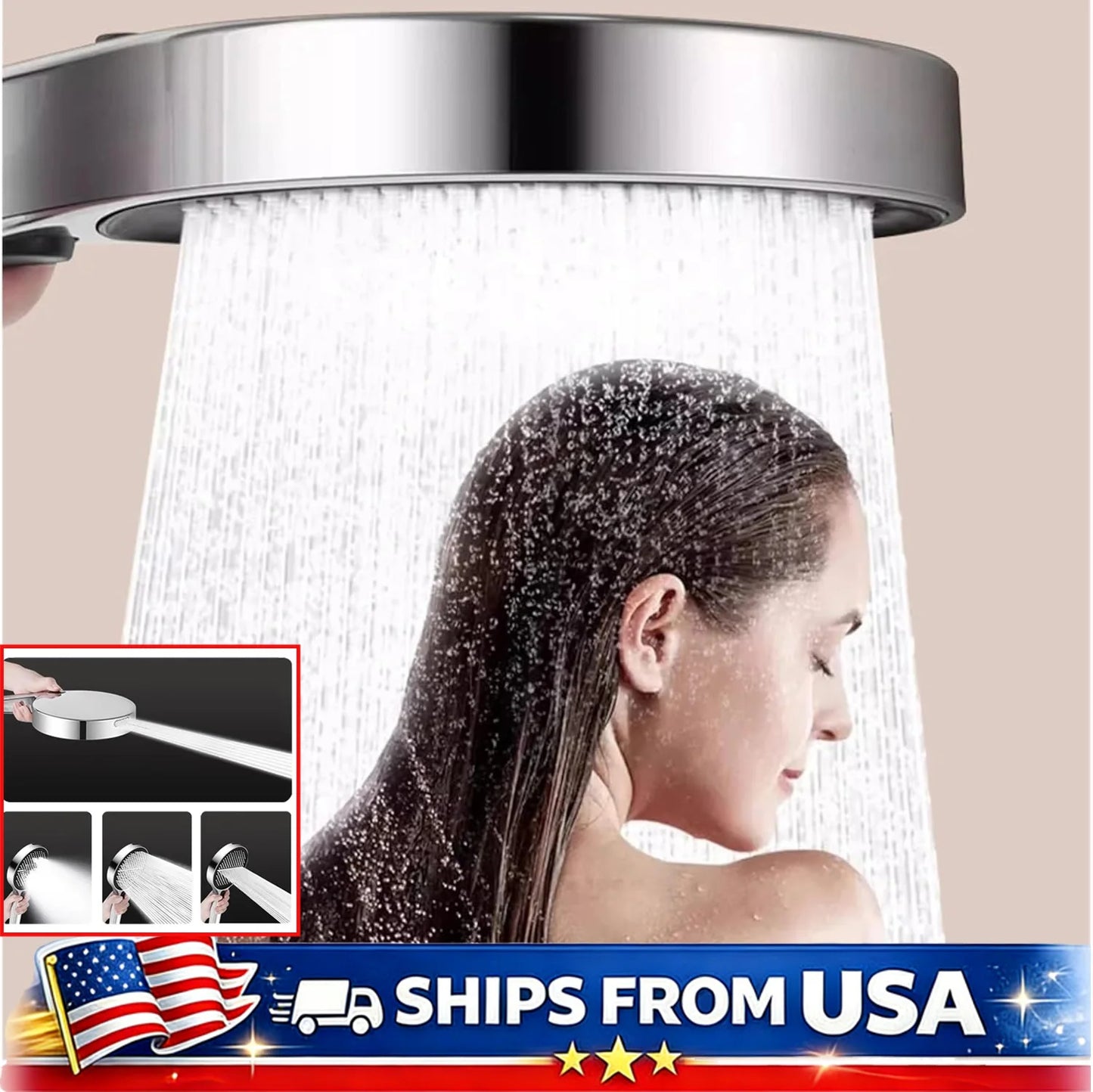 High Pressure, 4 Spray Modes, Large 5.9" Rain Showerhead