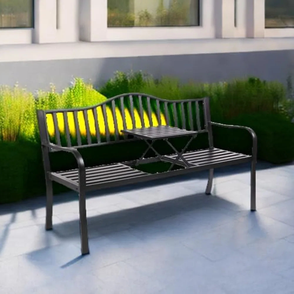 59" Outdoor Metal Bench Patio Bench with Built in Table