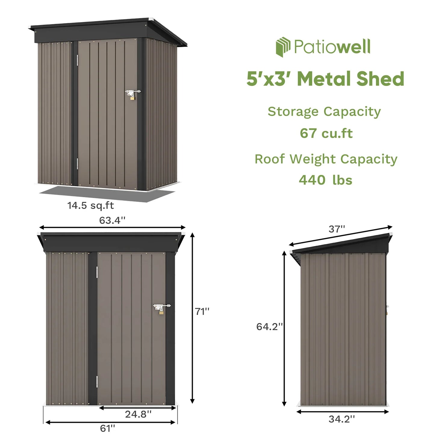 5x3ft Outdoor Storage Shed w/Sloping Roof and Lockable Door