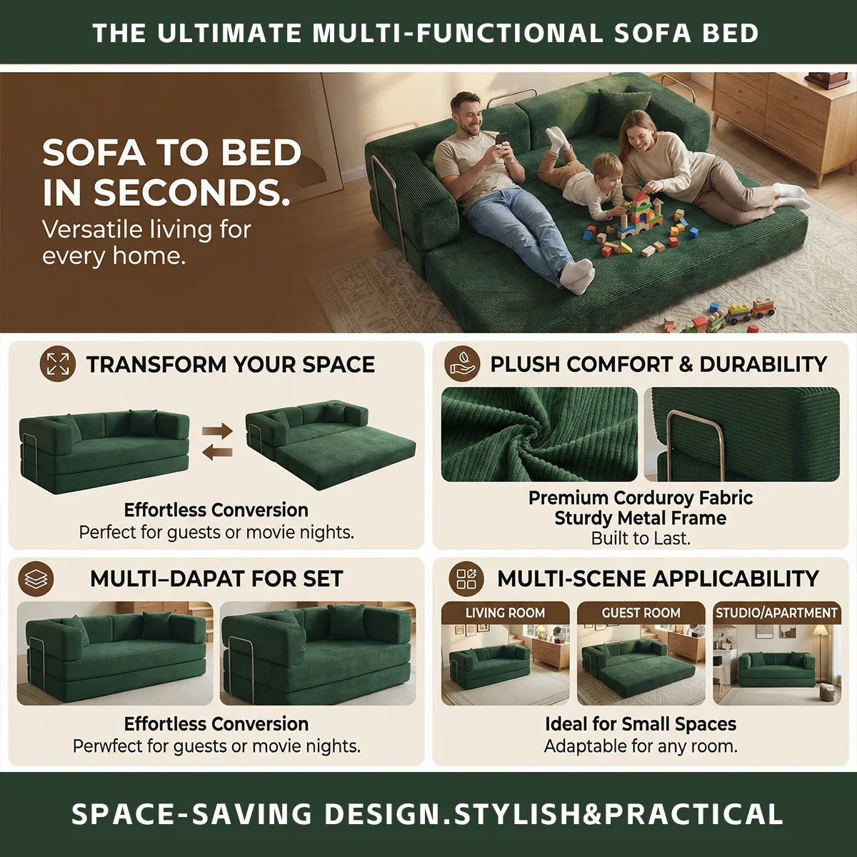 4:1 Queen Size Boneless Loveseat, Futon Sofa Bed 79"