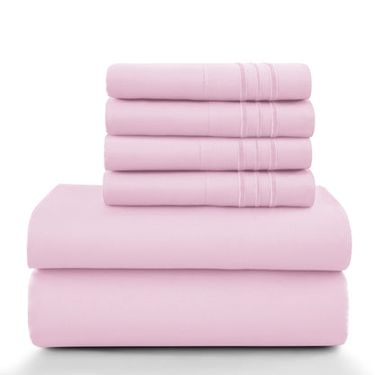 6pc Set, Brushed Microfiber, Embroidered & Plain Pillowcases