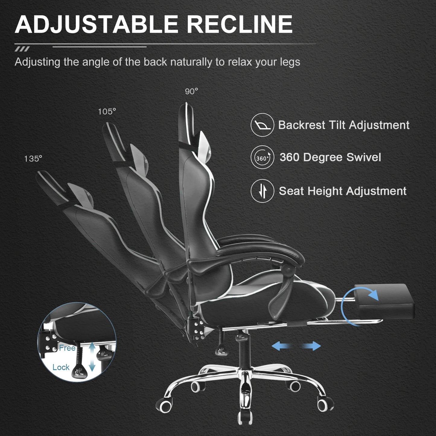 Gaming Chair with Adjustable Height, Swivel Seat,