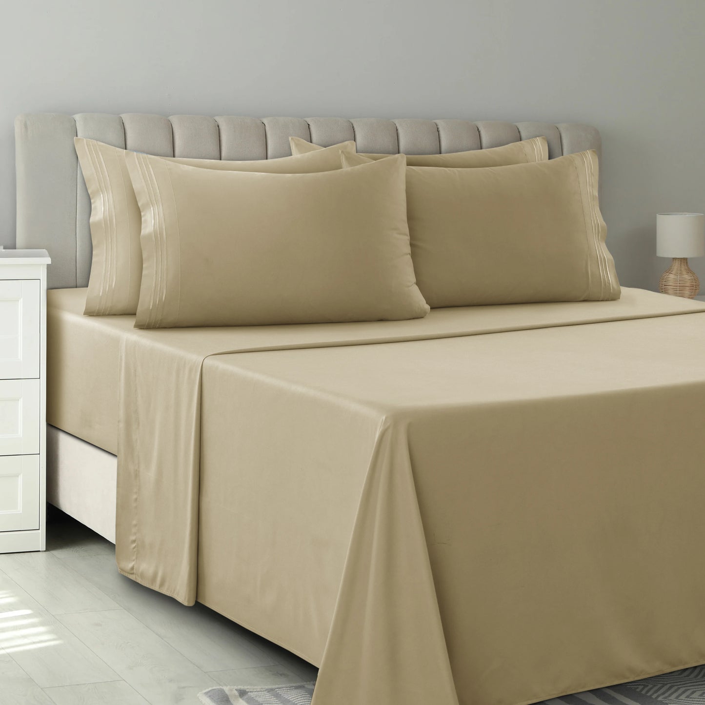 6pc Set, Brushed Microfiber, Embroidered & Plain Pillowcases