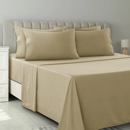 6pc Set, Brushed Microfiber, Embroidered & Plain Pillowcases