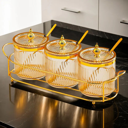 3pk Golden Stainless Steel Condiment Jar with Glass Lid and Spoon