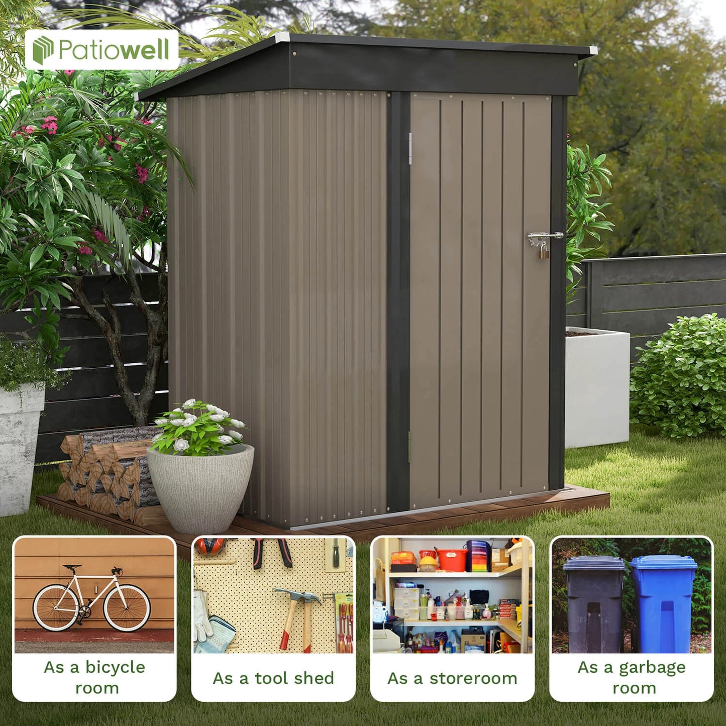 5x3ft Outdoor Storage Shed w/Sloping Roof and Lockable Door