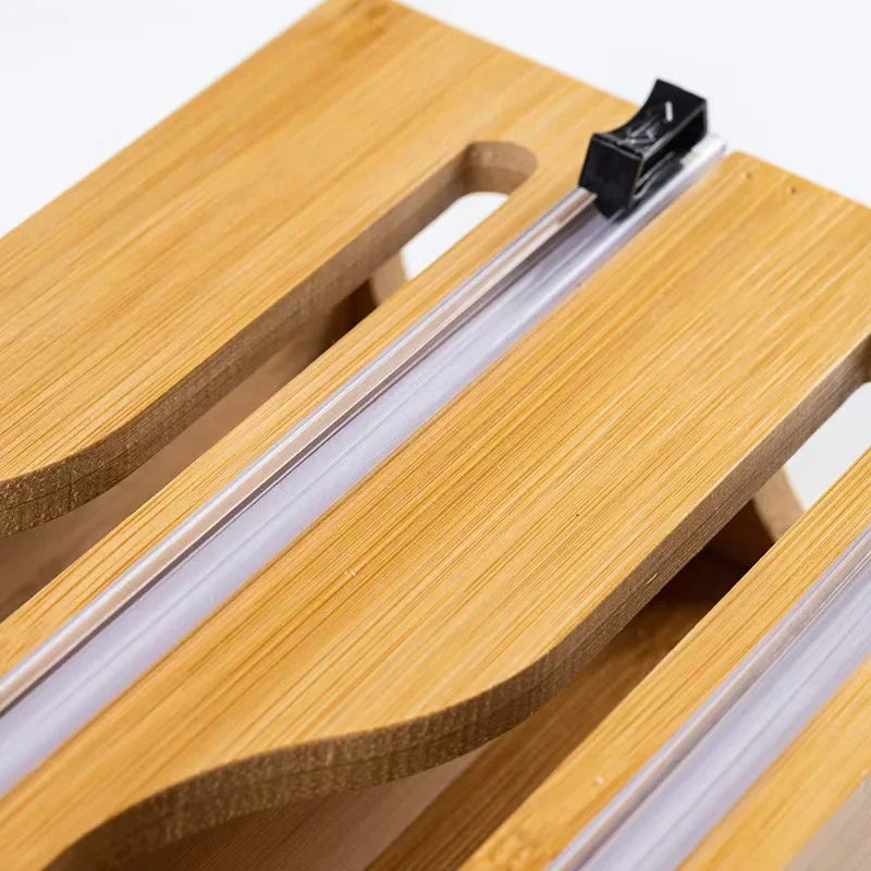 1pc Bamboo Kitchen Wrap Dispenser with Foil & Cling Film Cutter Box,