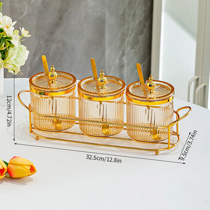 3pk Golden Stainless Steel Condiment Jar with Glass Lid and Spoon