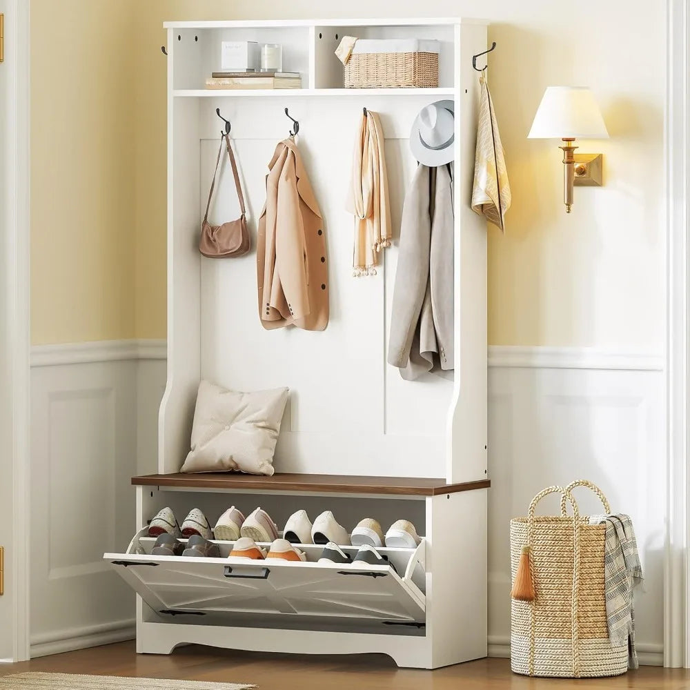 Farmhouse Hall Tree with Coat Rack and Shoe Cabinet,