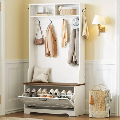 Farmhouse Hall Tree with Coat Rack and Shoe Cabinet,