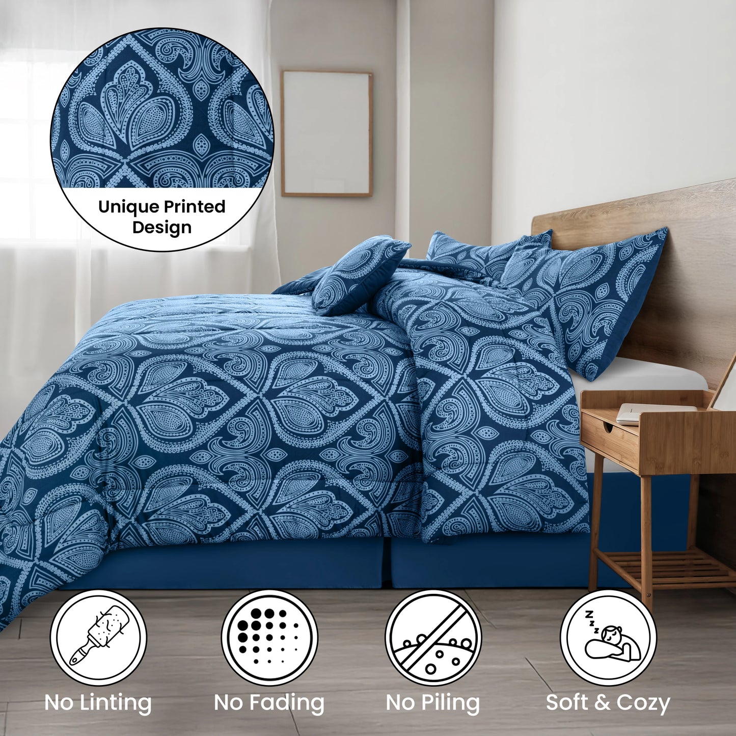 Reversible 5pc Printed Comforter Set, Inc. 1 Comforter, 2 Pillow Shams