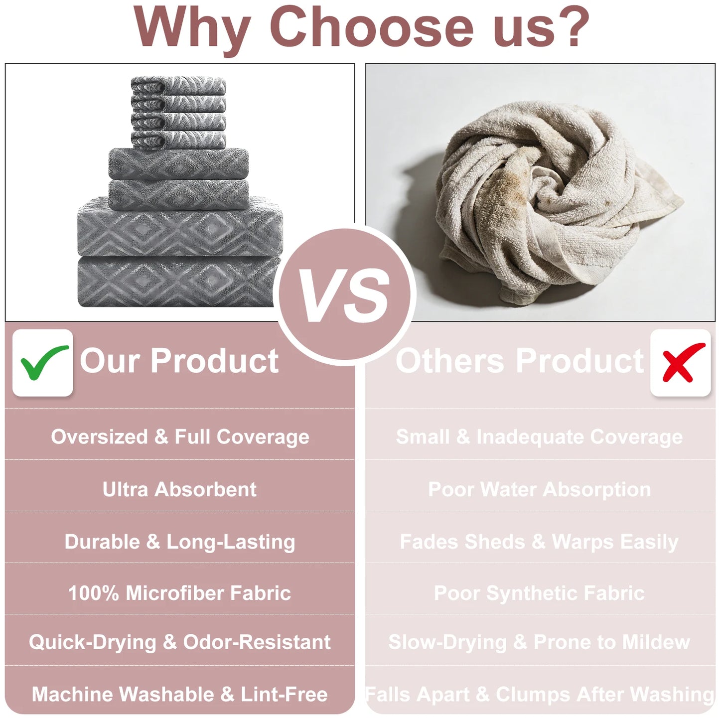 Oversized 8pc Bathroom Towel Set, 35"×70": 2 Bath Sheets, 2 Hand Towels, 4 Washcloths
