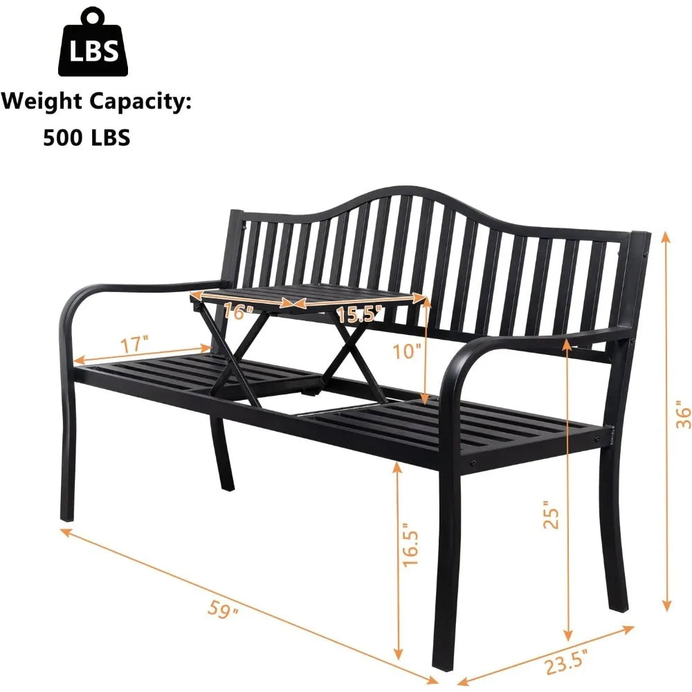 59" Outdoor Metal Bench Patio Bench with Built in Table