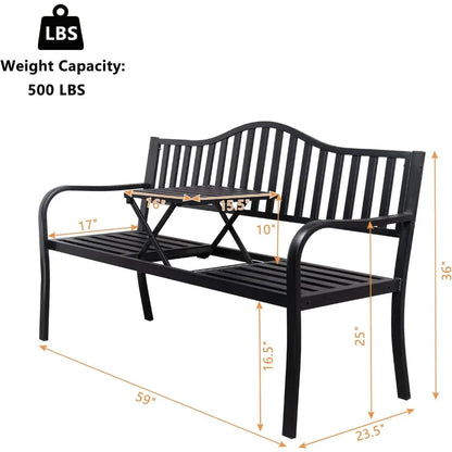 59" Outdoor Metal Bench Patio Bench with Built in Table