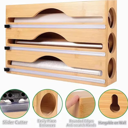 1pc Bamboo Kitchen Wrap Dispenser with Foil & Cling Film Cutter Box,