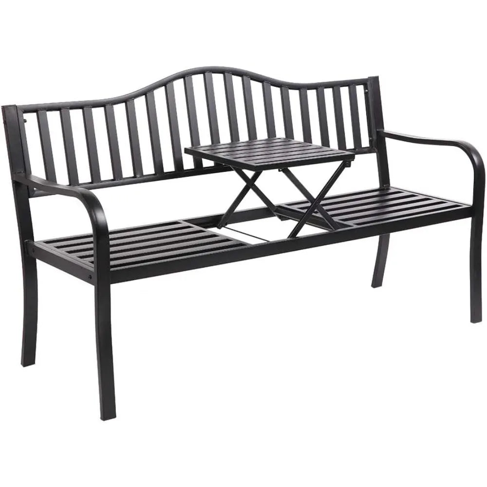59" Outdoor Metal Bench Patio Bench with Built in Table