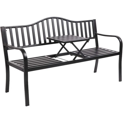 59" Outdoor Metal Bench Patio Bench with Built in Table