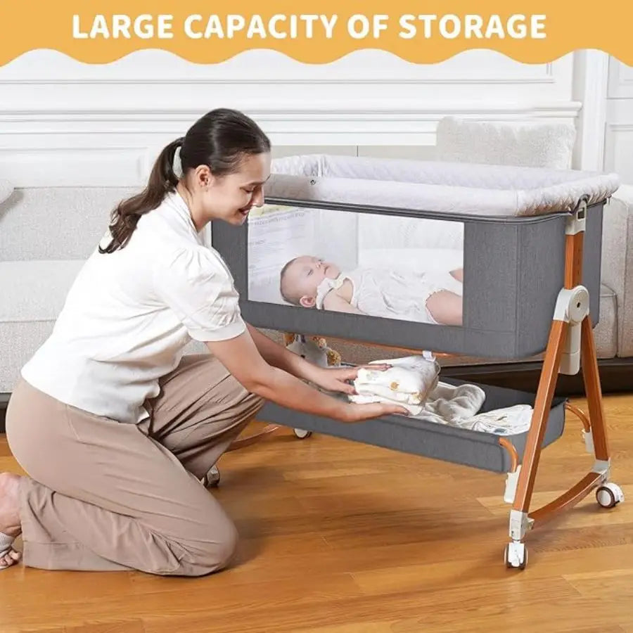 3:1 Portable Bedside Bassinet, Foldable Crib, 6 Adjustable Height with Wheels