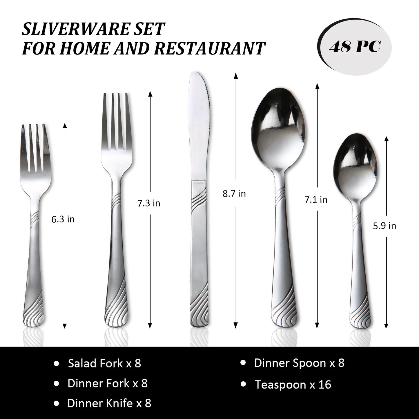 48pc Cutlery Set For 8, Stainless Steel