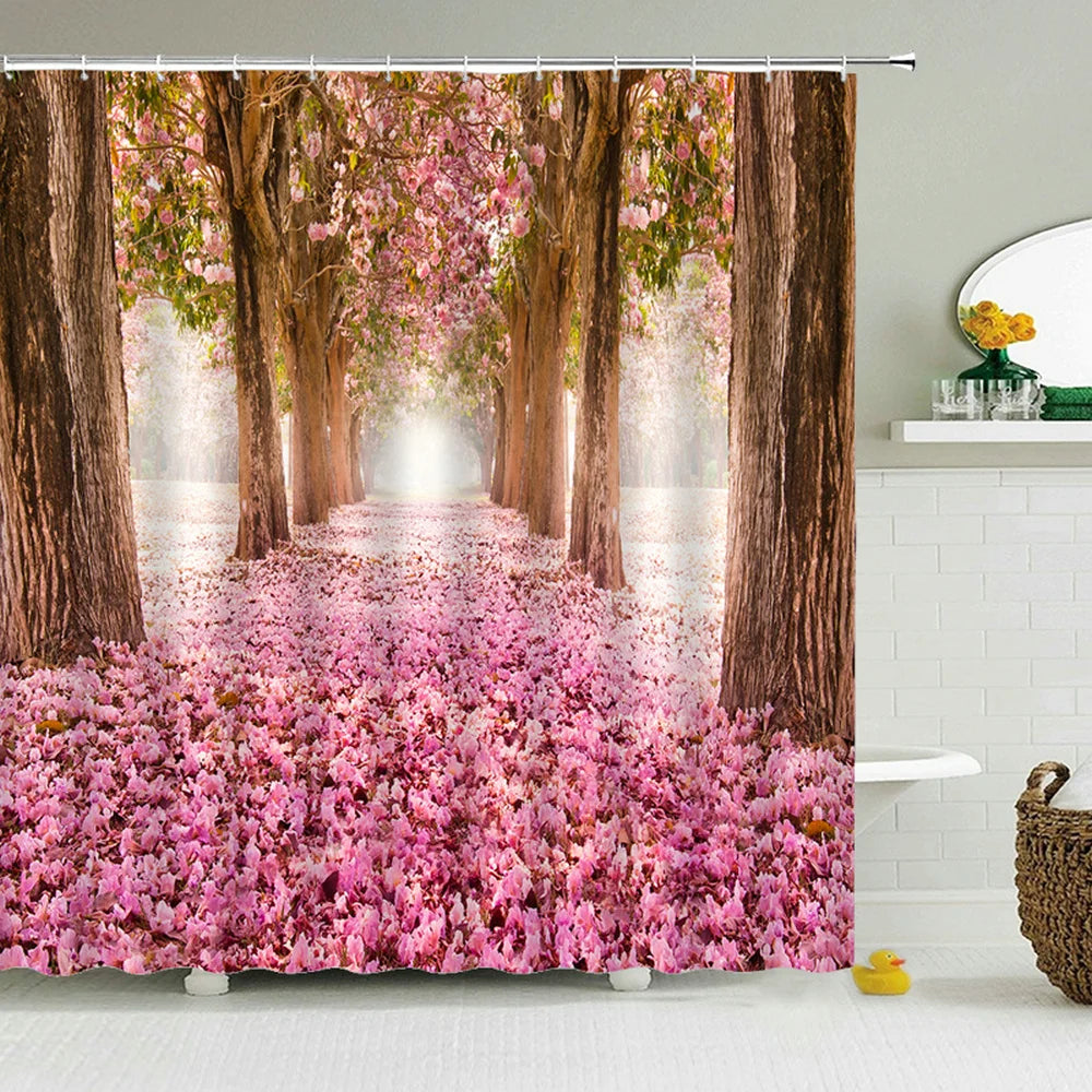 Waterproof Polyester Fabric Bathroom Curtain w/12 Hooks