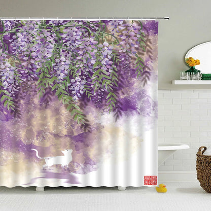 Waterproof Polyester Fabric Bathroom Curtain w/12 Hooks