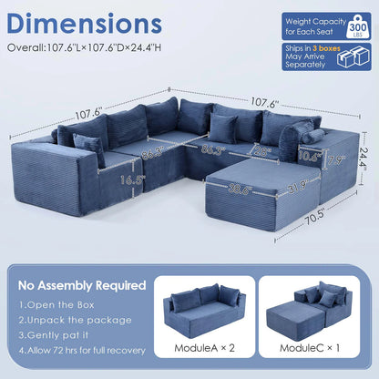 107" Boneless 6 Seat Sectional Couch w/Ottoman, Deep Seating