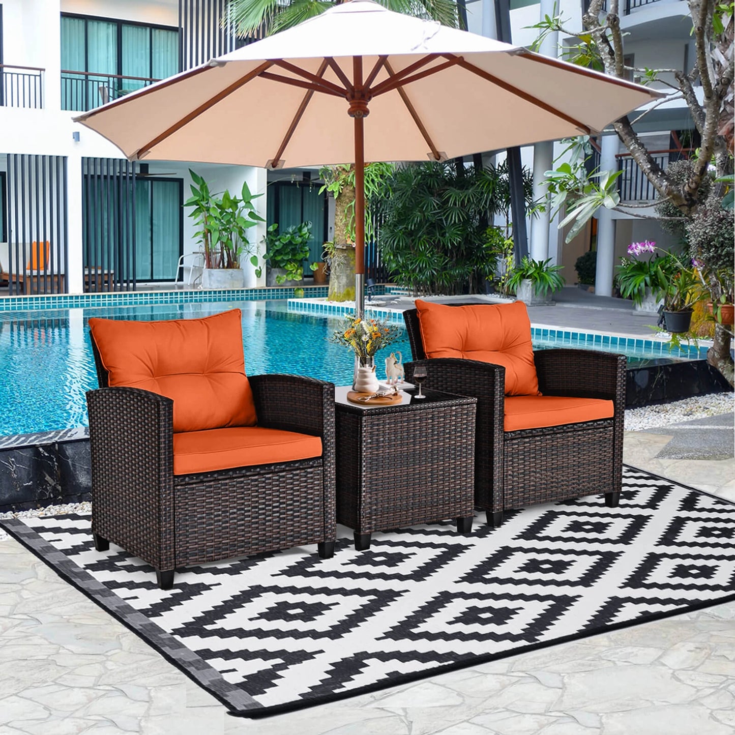3pc Patio Rattan Patio Furniture, Cushions, Orange