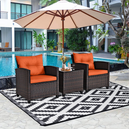 3pc Patio Rattan Patio Furniture, Cushions, Orange