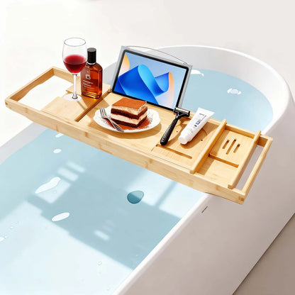 Expandable Bamboo Bathtub Tray 29.5"x42.9" Waterproof Bath Caddy