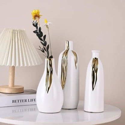 Ceramic Vase 3 Pcs Set, White and Gold Vases