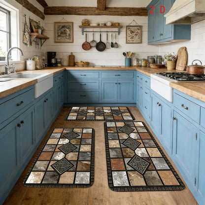 2D 3pcs Kitchen Mat Set, Classic Geometric Stone Mat, Retro Farmhouse