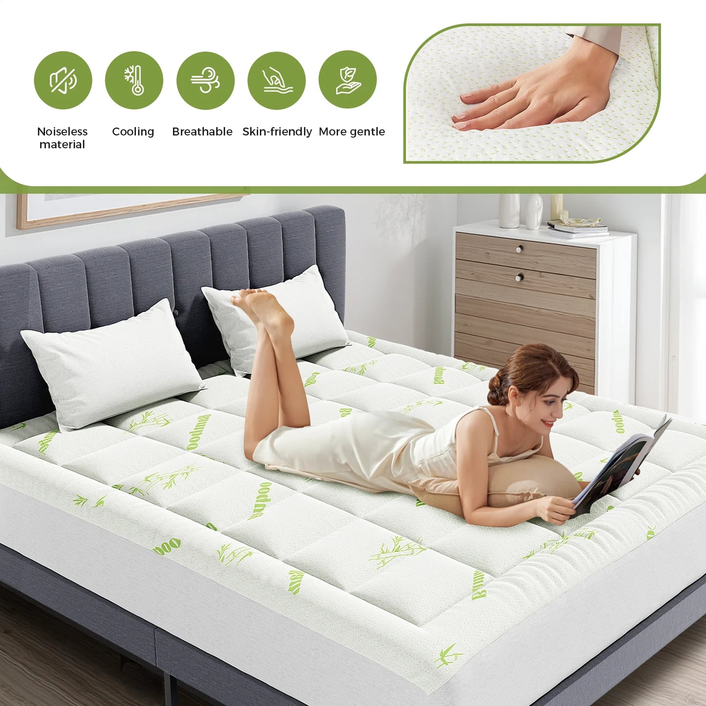 Breathable, Cooling Bamboo Fiber Soft Mattress Topper w/Deep Pockets