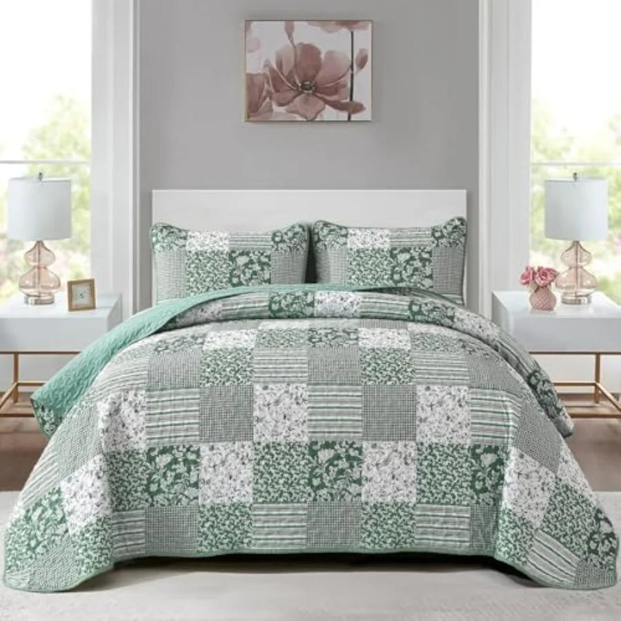 3pc Plaid Floral Bedspread Set Patchwork Reversible Bedding