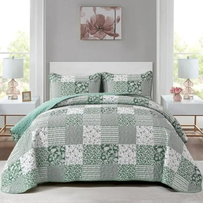 3pc Plaid Floral Bedspread Set Patchwork Reversible Bedding