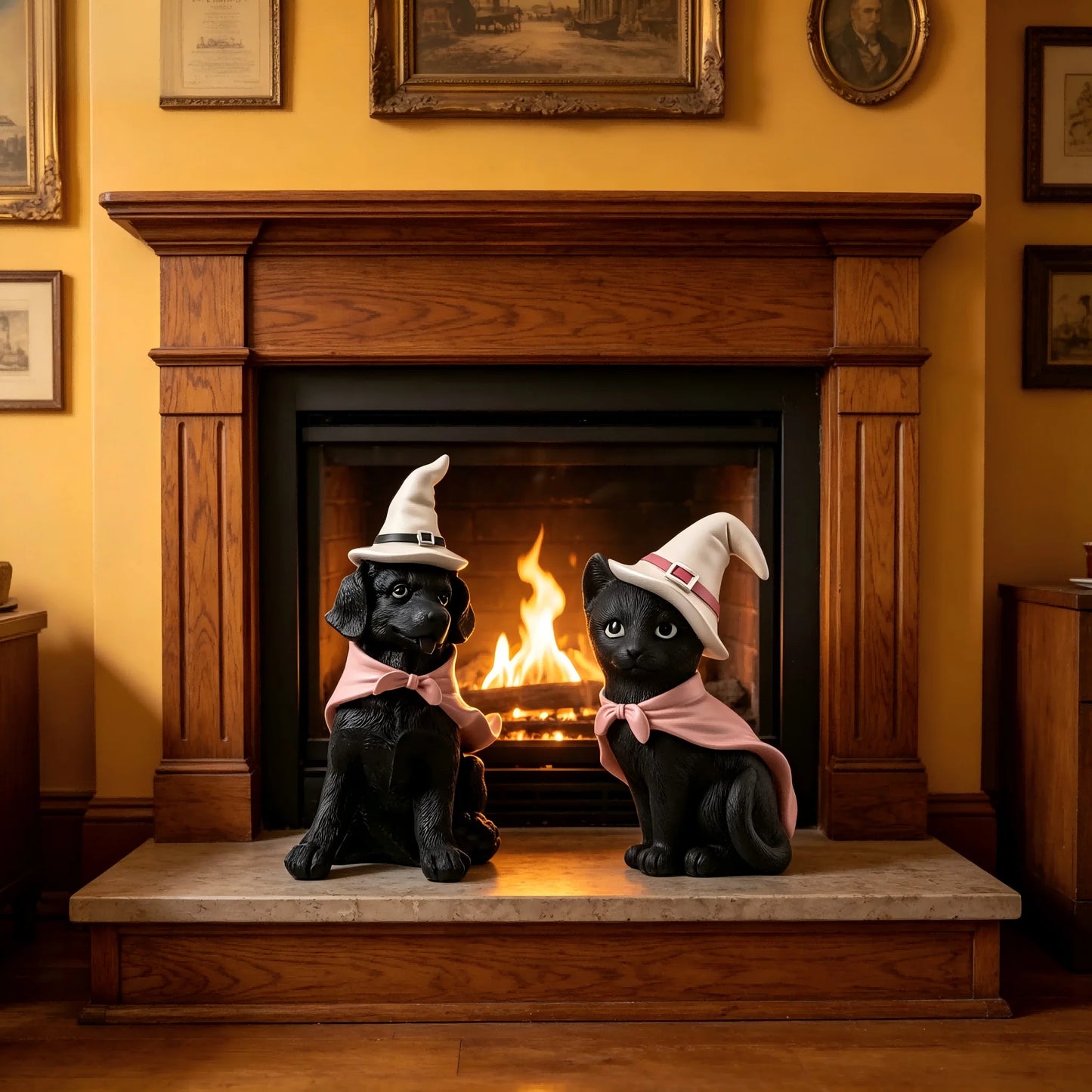 2pc Halloween Witch Hat, Black Cat and Dog Pet Figurine Set